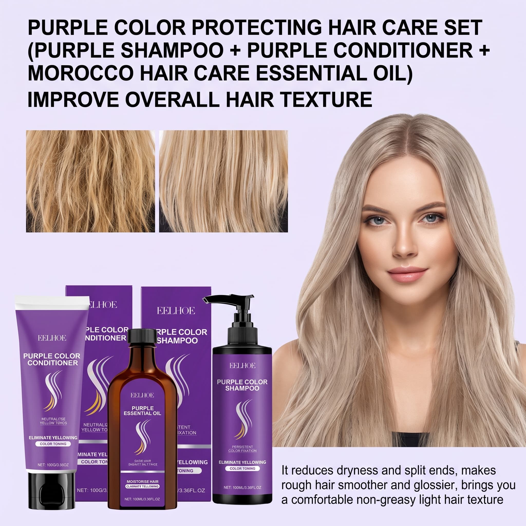 Hair Care Set - Lila Shampoo-Set mit Conditioner, Haaröl, Serum,